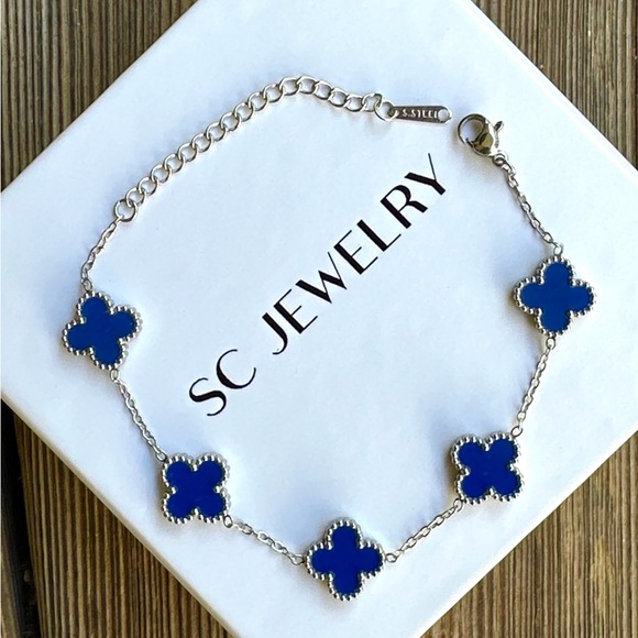 🎄 HOLIDAY PICK 🎄 Clover Bracelet Royal Blue & Silver Double Sided Four Leaf - Picture 5 of 13